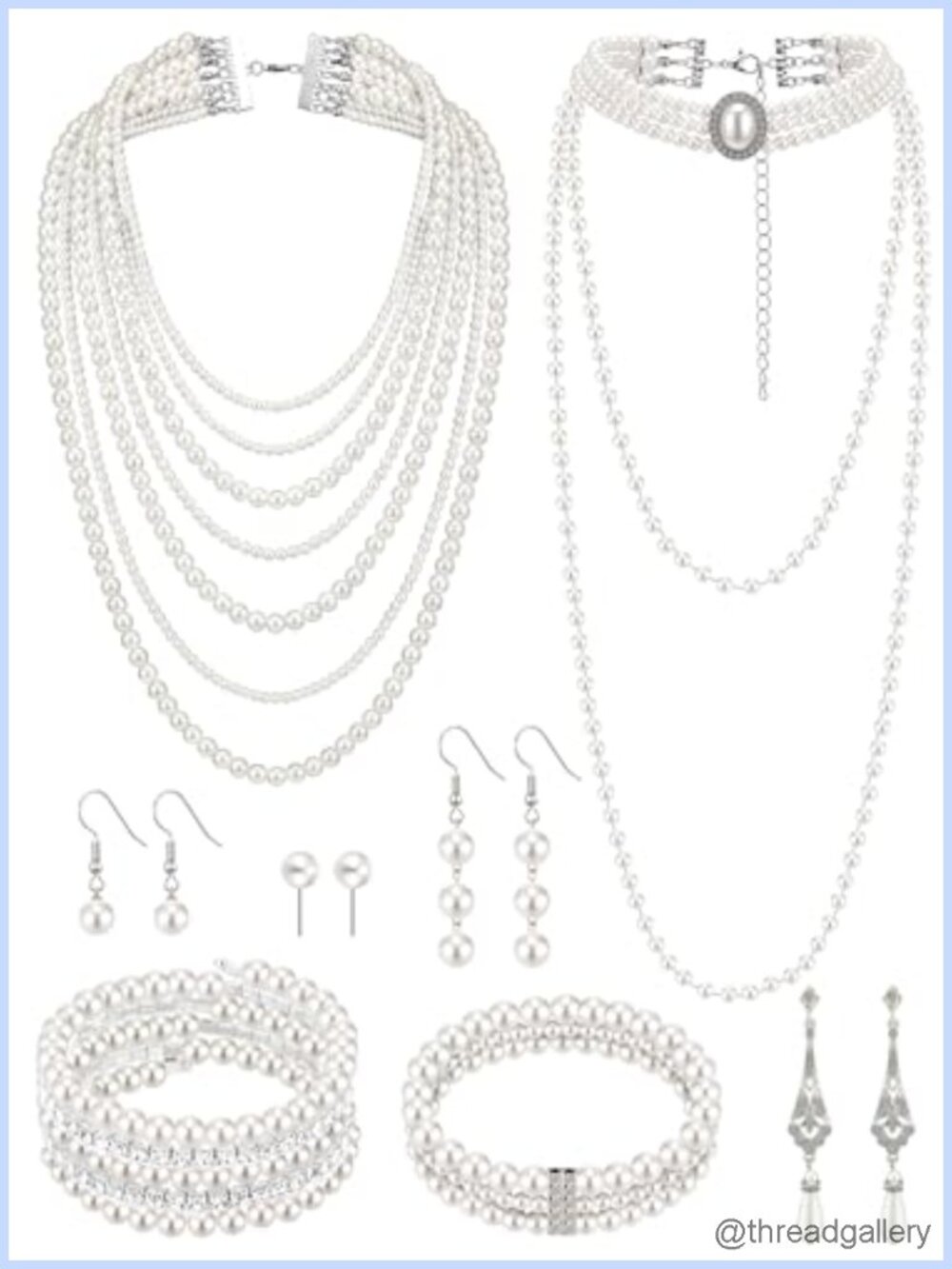 Pearl Necklace Earring Bracelet Jewelry Set – Faux Pearl & Rhinestone, 8 Piece
